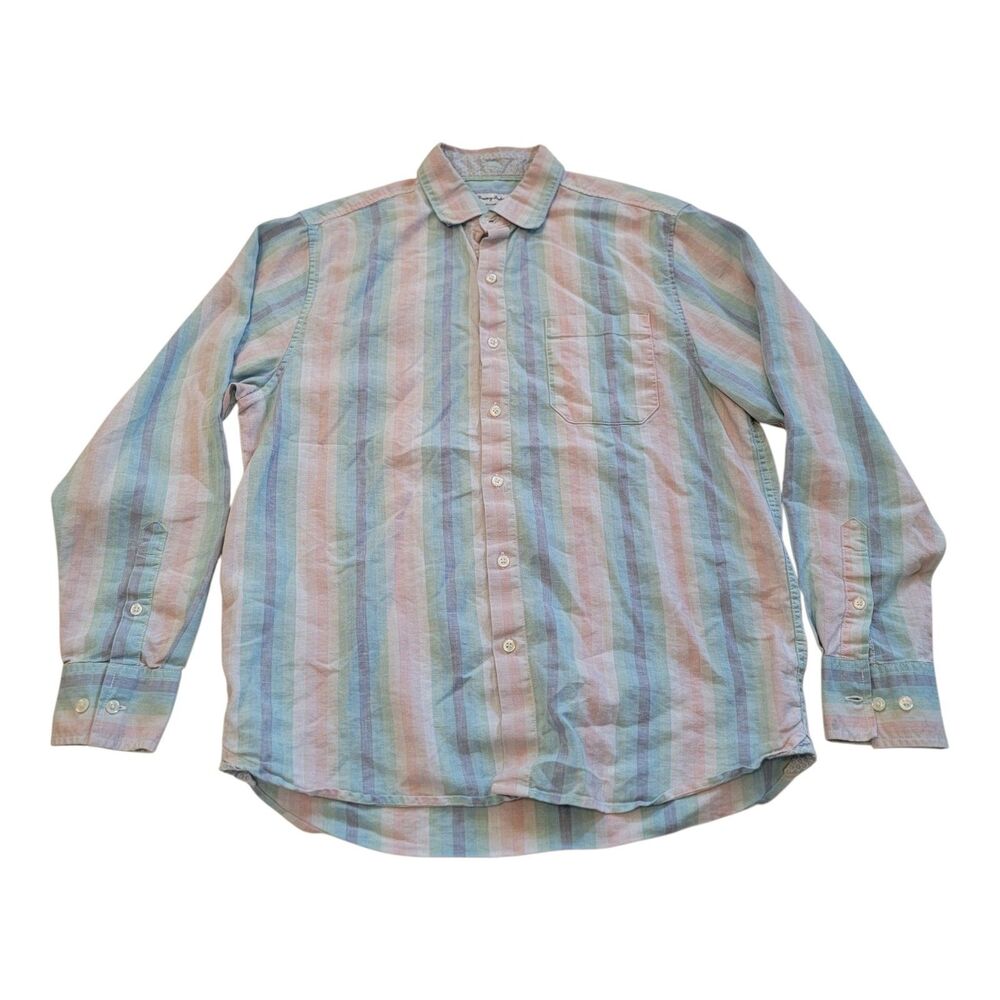 Tommy Bahama Stripe Linen Blend Button Up Shirt Mens Size Medium Long Sleeve Top